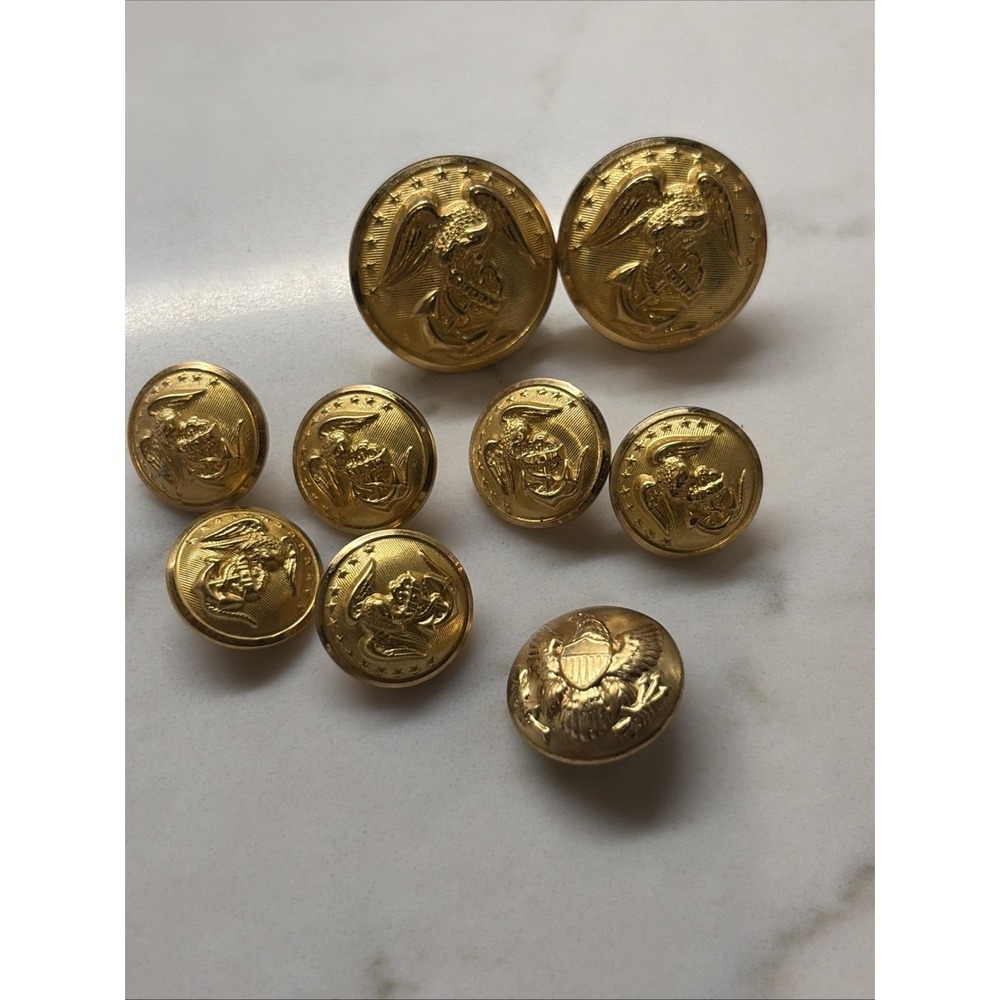 Waterbury Button Co Military Eagle Navy Buttons Mixed Sizes Lot 9 Gold Tone‎